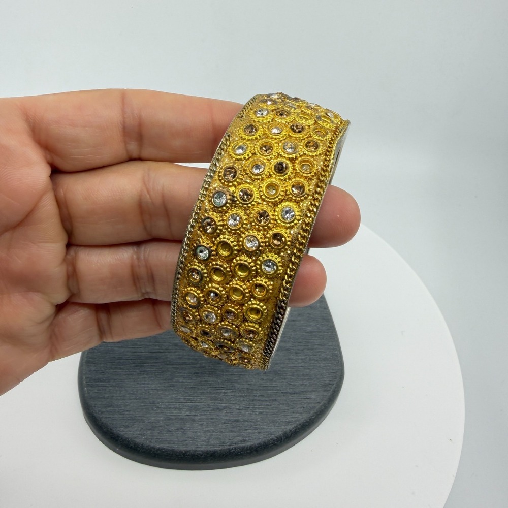Statement Rhinestone Gold Tone Hinged Bangle Bracelet Chunky Bohemian Cuff